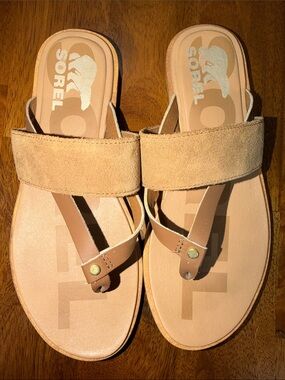 Sorel Ella II 6.5 Tan Suede & Leather Toe-Post Slide Sandals